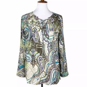 CHICOS Paisley Tie Front Top Sz. 1 (M) Purple Green Brown